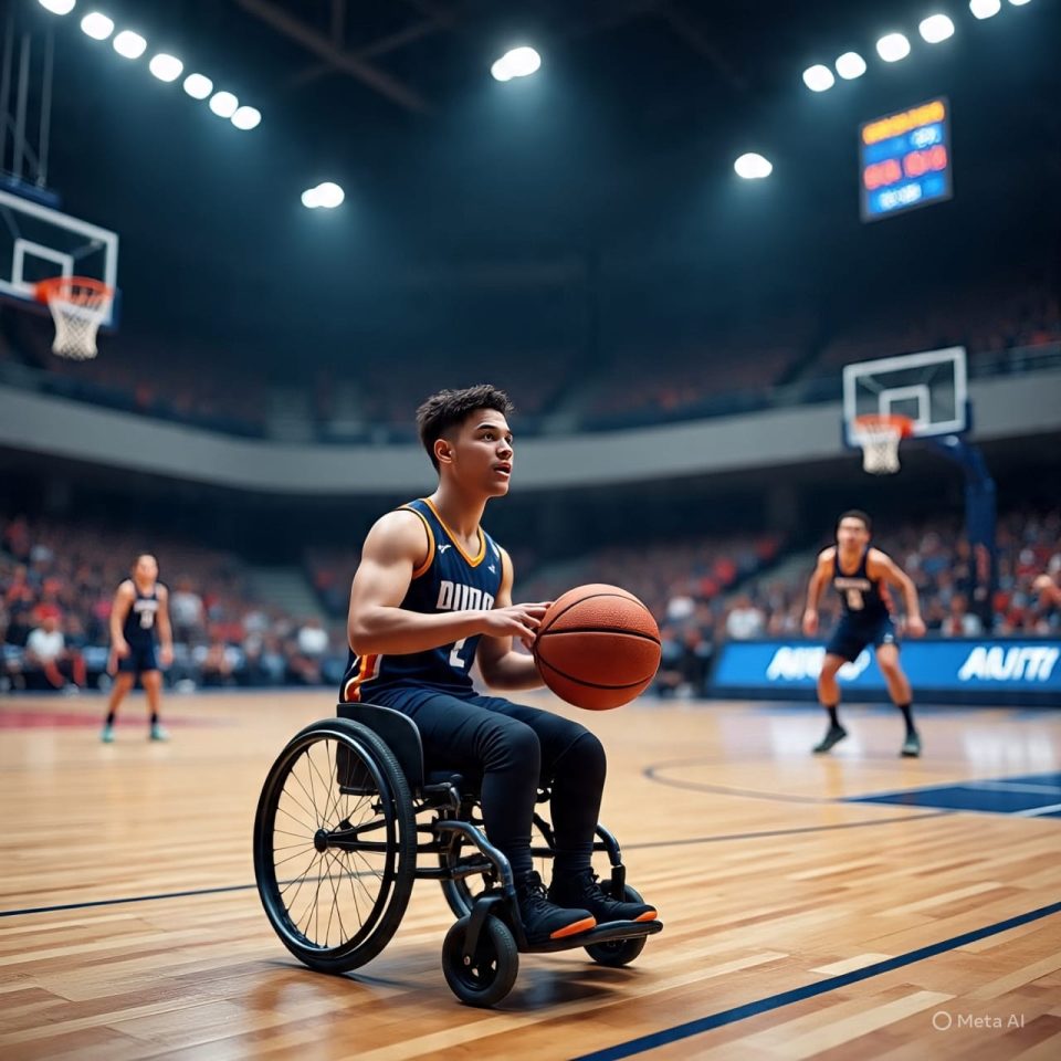 Personas en suficha de ruedas practicando Basquet