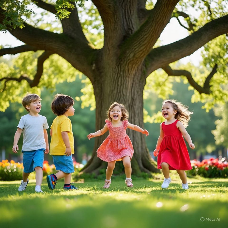 Niños jugando en un parque alrededor de un árbol grande